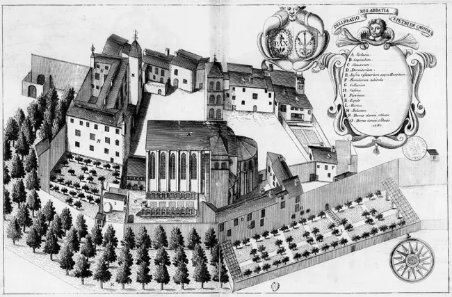 Gravure du XVIIe siècle figurant l’abbaye de Caunes-Minervois dans le Monasticon Gallivanum © Michel Germain - Public domain