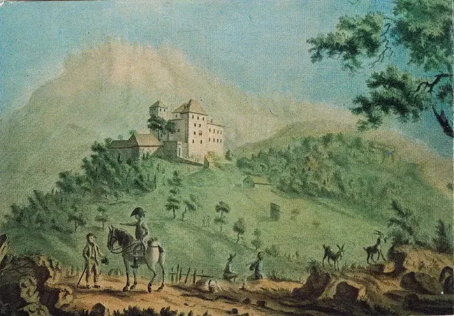 Peinture du château et la route de Menthon au début du XIXe siècle par Prosper Dunant