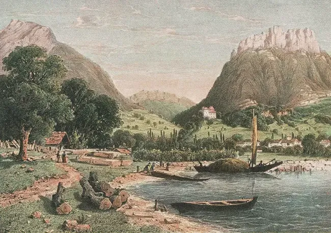 Le château de Menthon vu du débarcadère du lac d’Annecy peint en 1866 par Terry