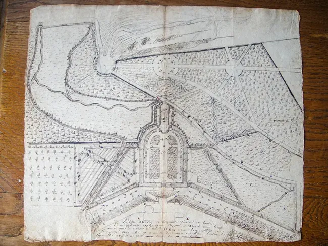 Plan du XVIIIe siècle des jardins à la française du Château de Montpoupon © Quentin de Louvencourt