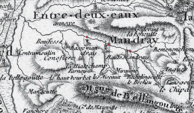 Mandray et ses trois moulins, carte de Cassini